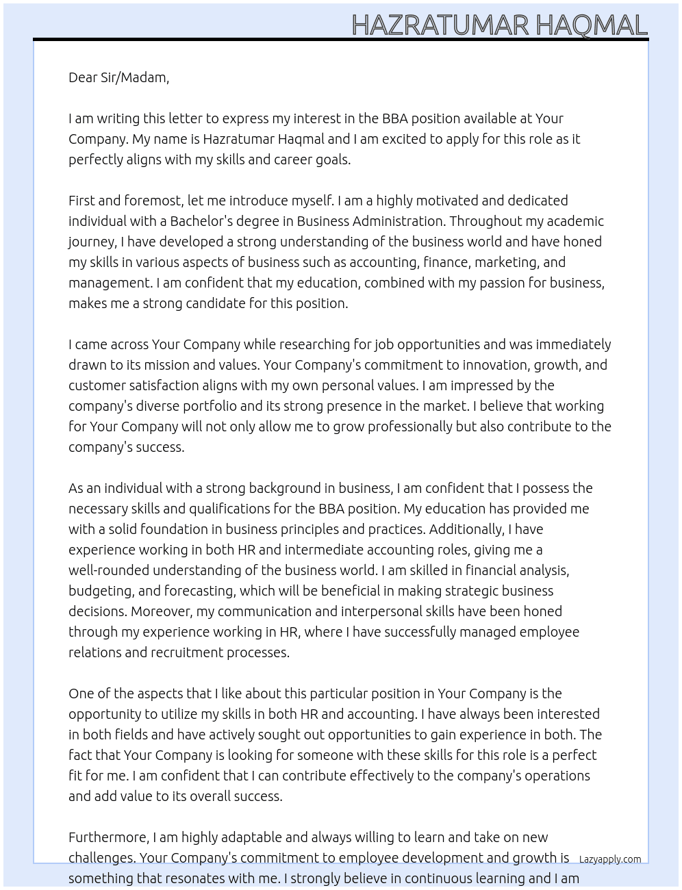 BBA At Your company  Cover Letter