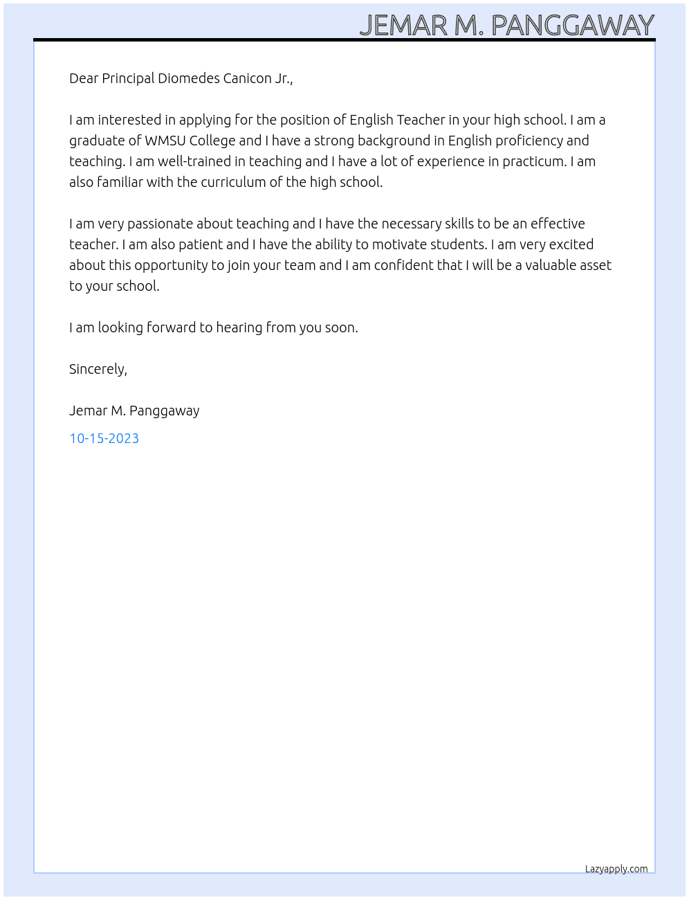 English Teacher in High School At Tungawan National High School Cover Letter
