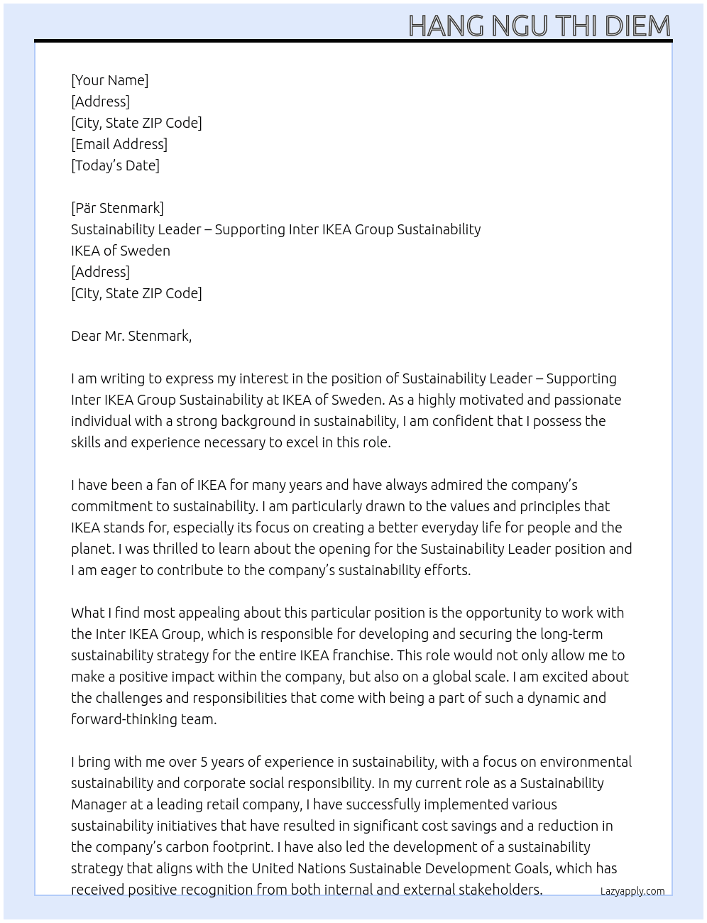 Sustainability Leader – Supporting Inter IKEA Group Sustainability At IKEA of Sweden Cover Letter