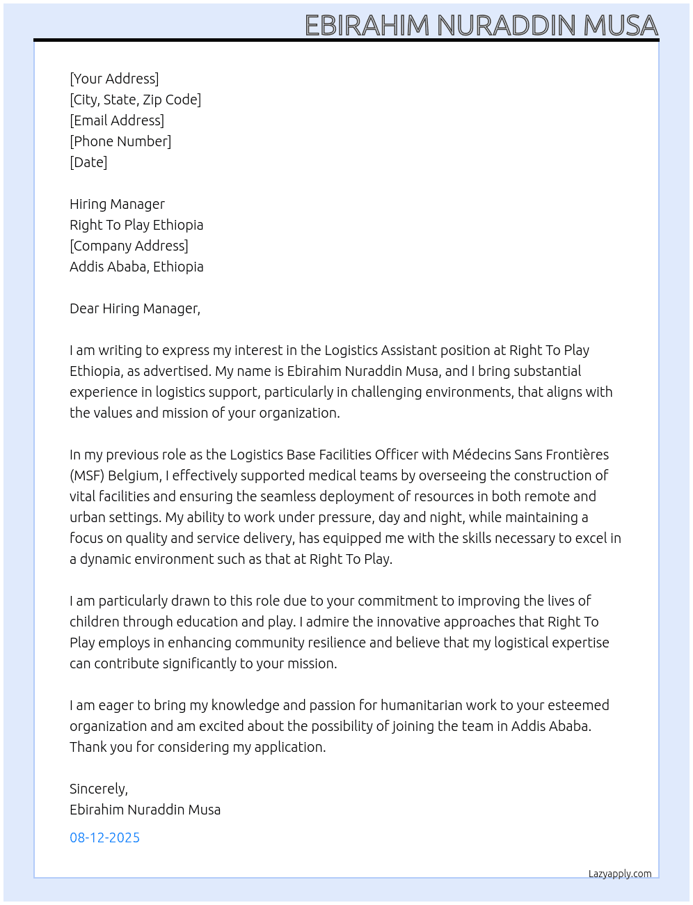Logistics Assistant  At Right To Play Ethiopia  Cover Letter