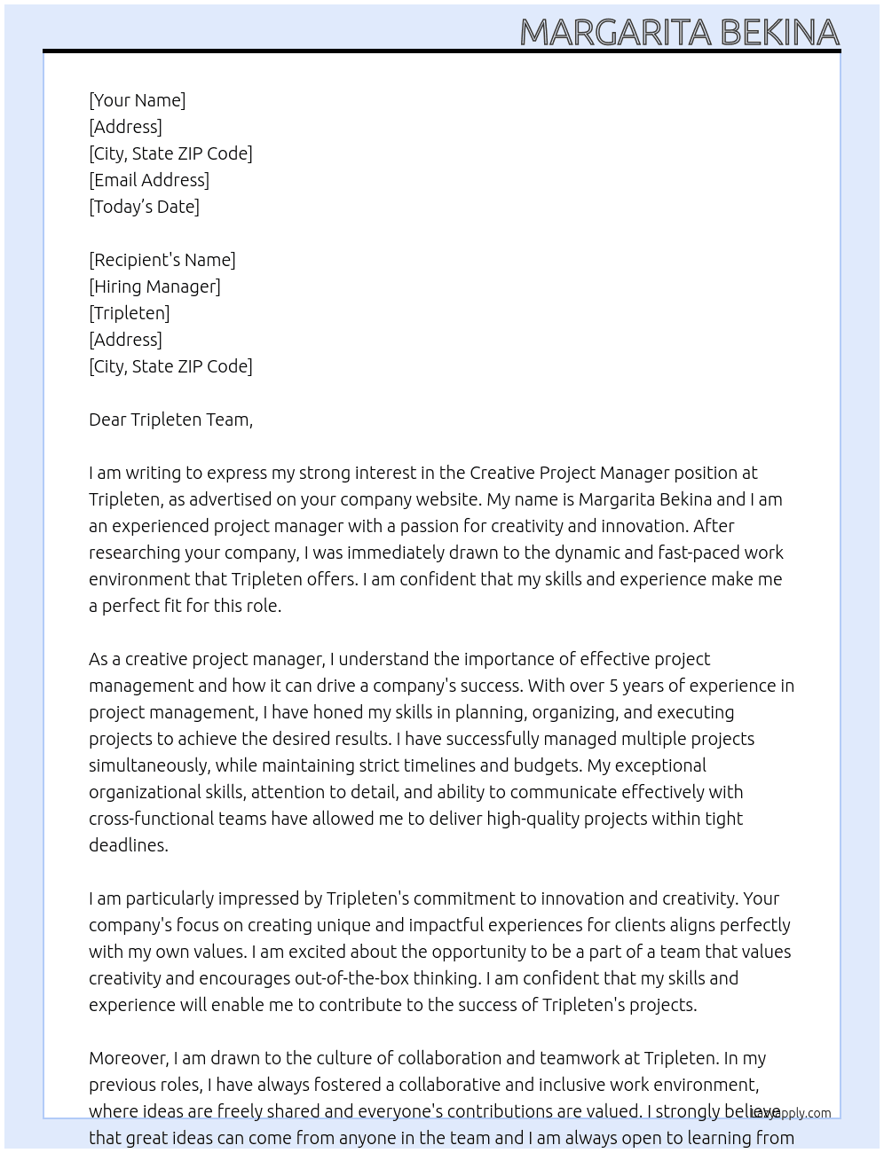 Creative project manager At Tripleten Cover Letter