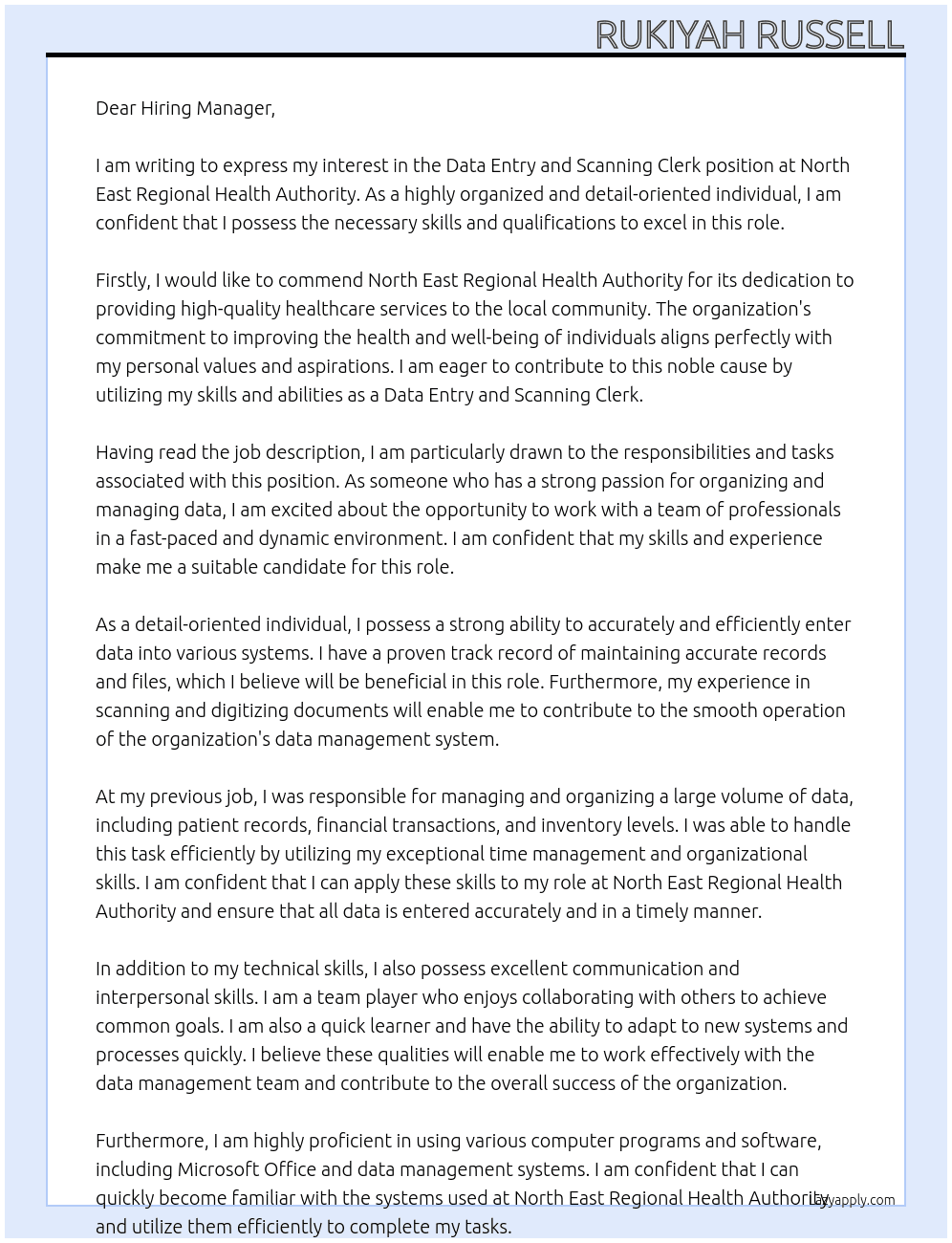 Data Entry and Scanning Clerk At North East Regional Health Authority Cover Letter