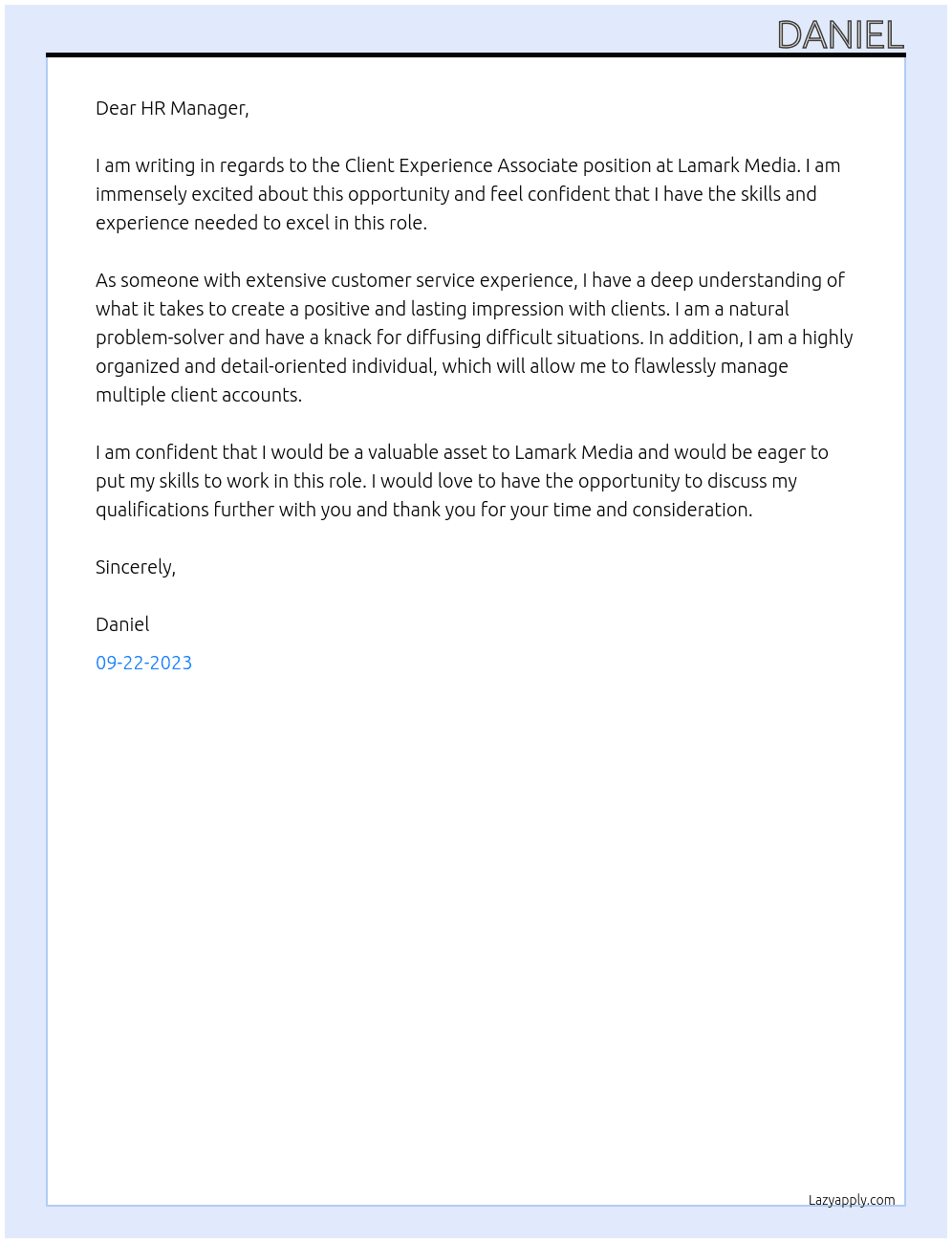 Client Experience Associate  At Lamark Media Cover Letter