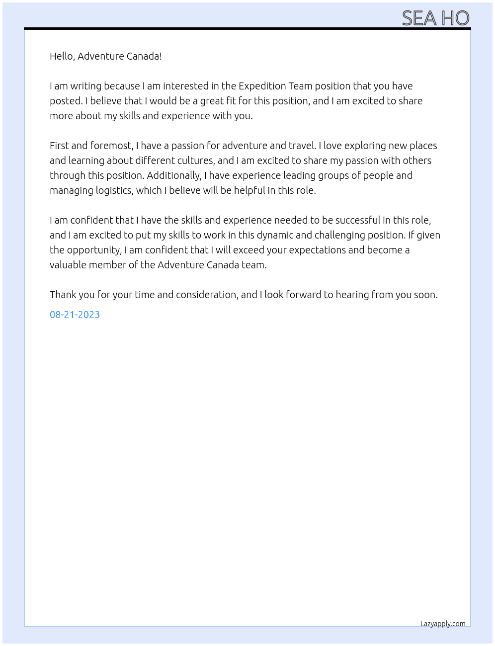 Expedition Team At Adventure Canada Cover Letter