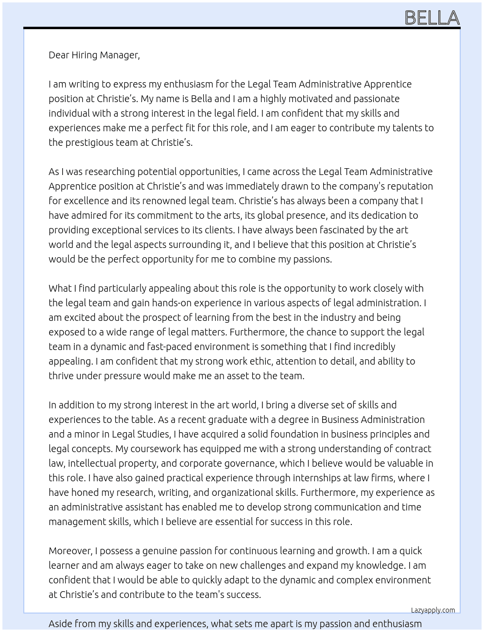 Legal Team Administrative Apprentice At Christie’s Cover Letter