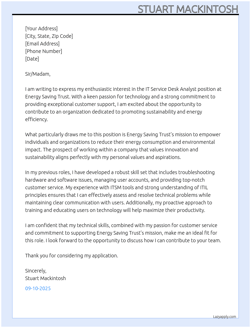 Cover letter for it service desk analyst - LazyApply