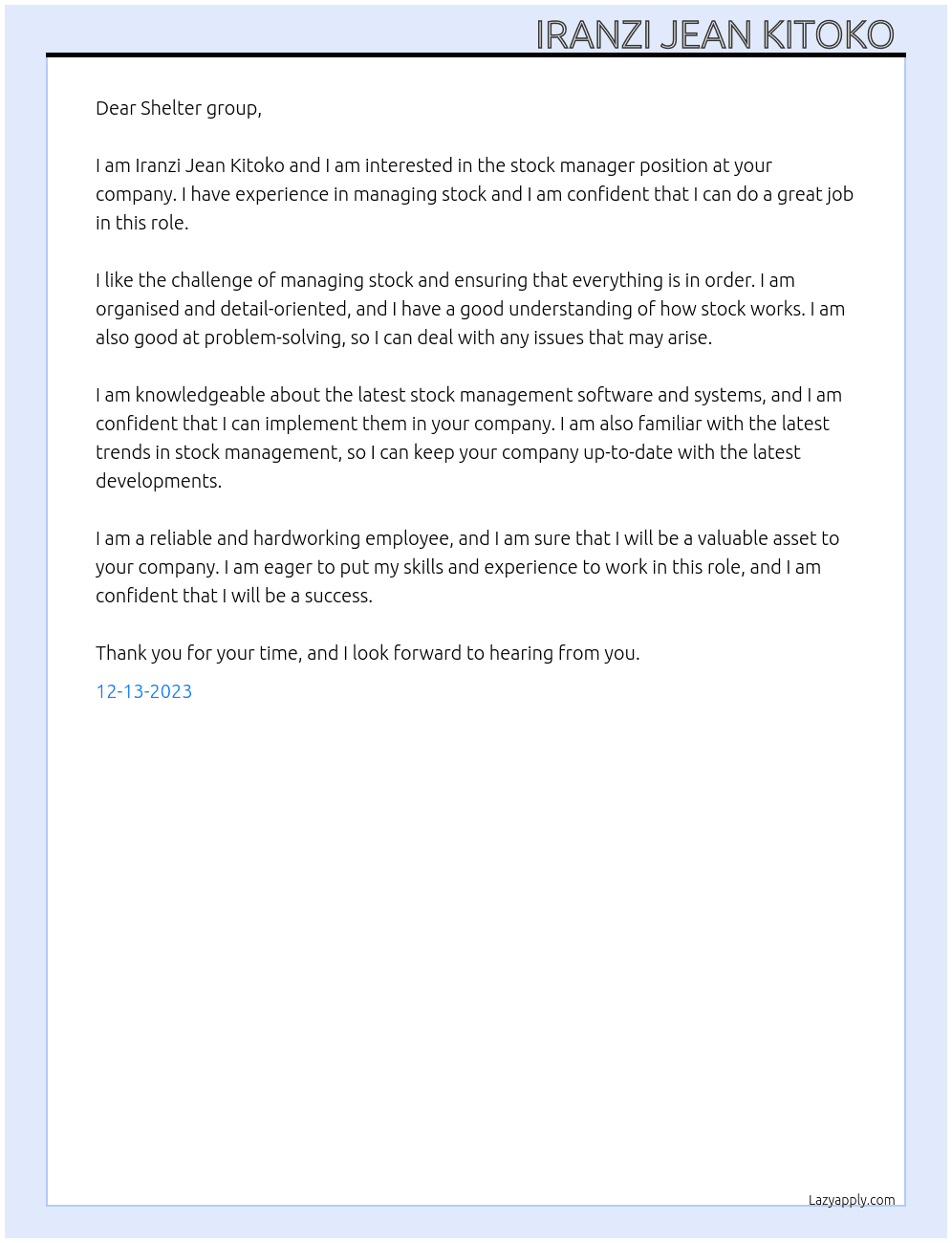 Stock manager  At Shelter group  Cover Letter