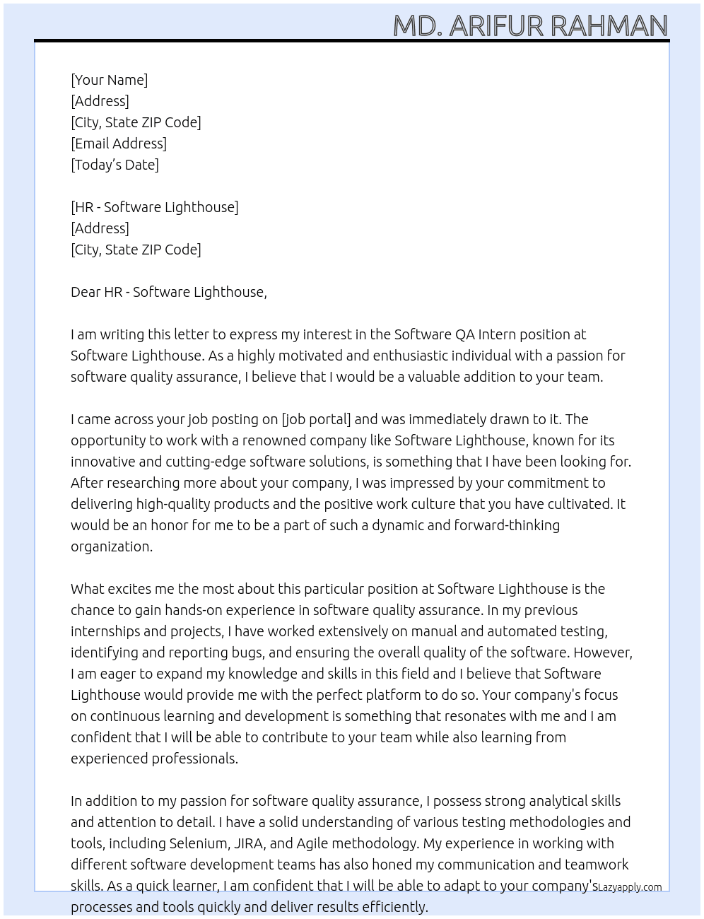 Software QA Intern At Software Lighthouse Cover Letter