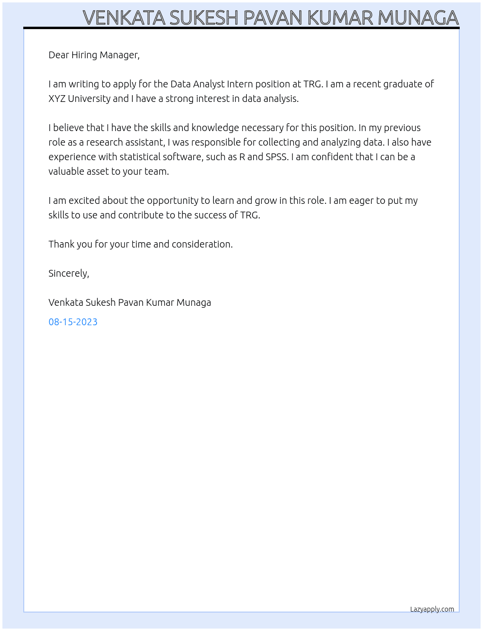 Data Analyst Intern At TRG Cover Letter