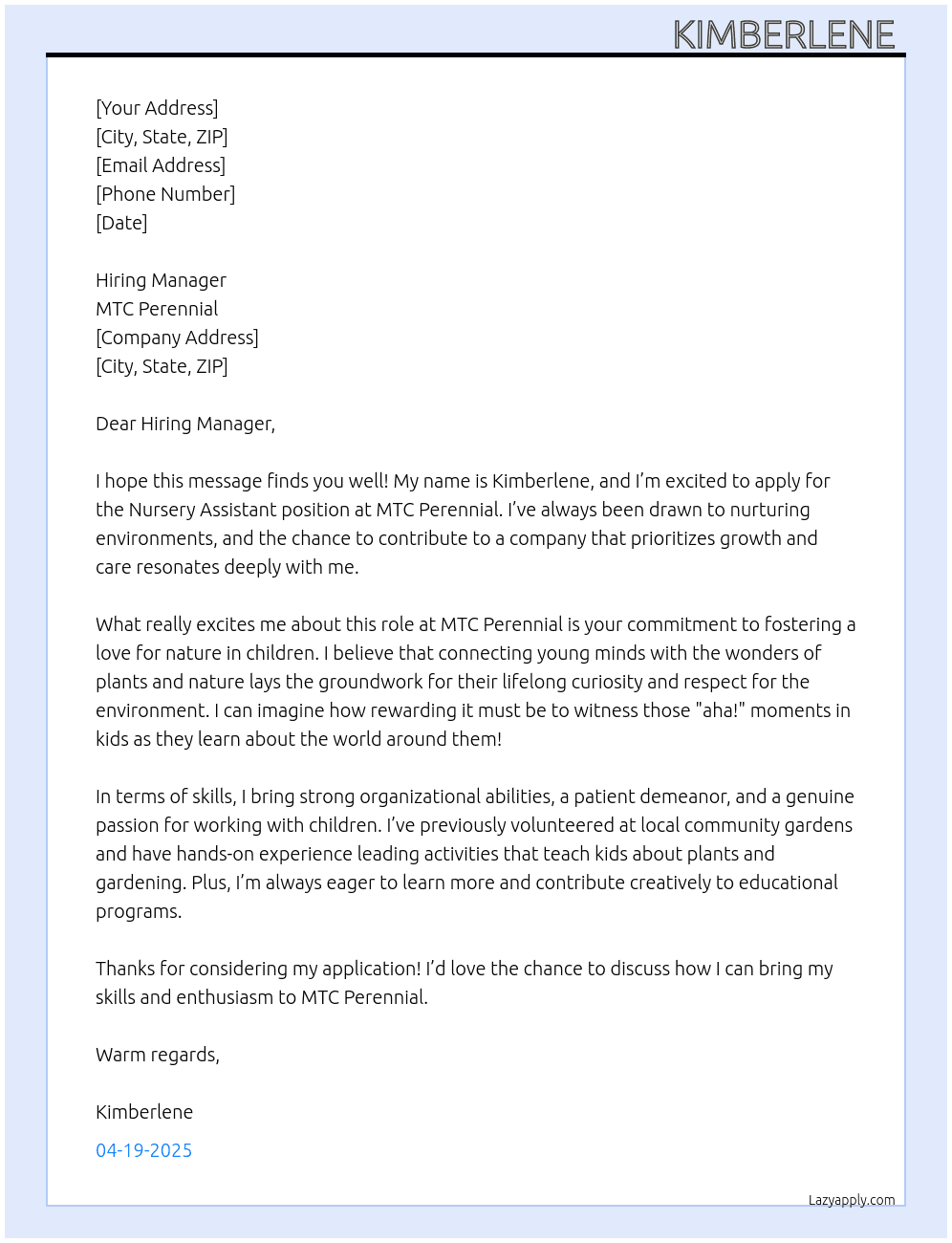 Cover letter for nursery assistant - LazyApply
