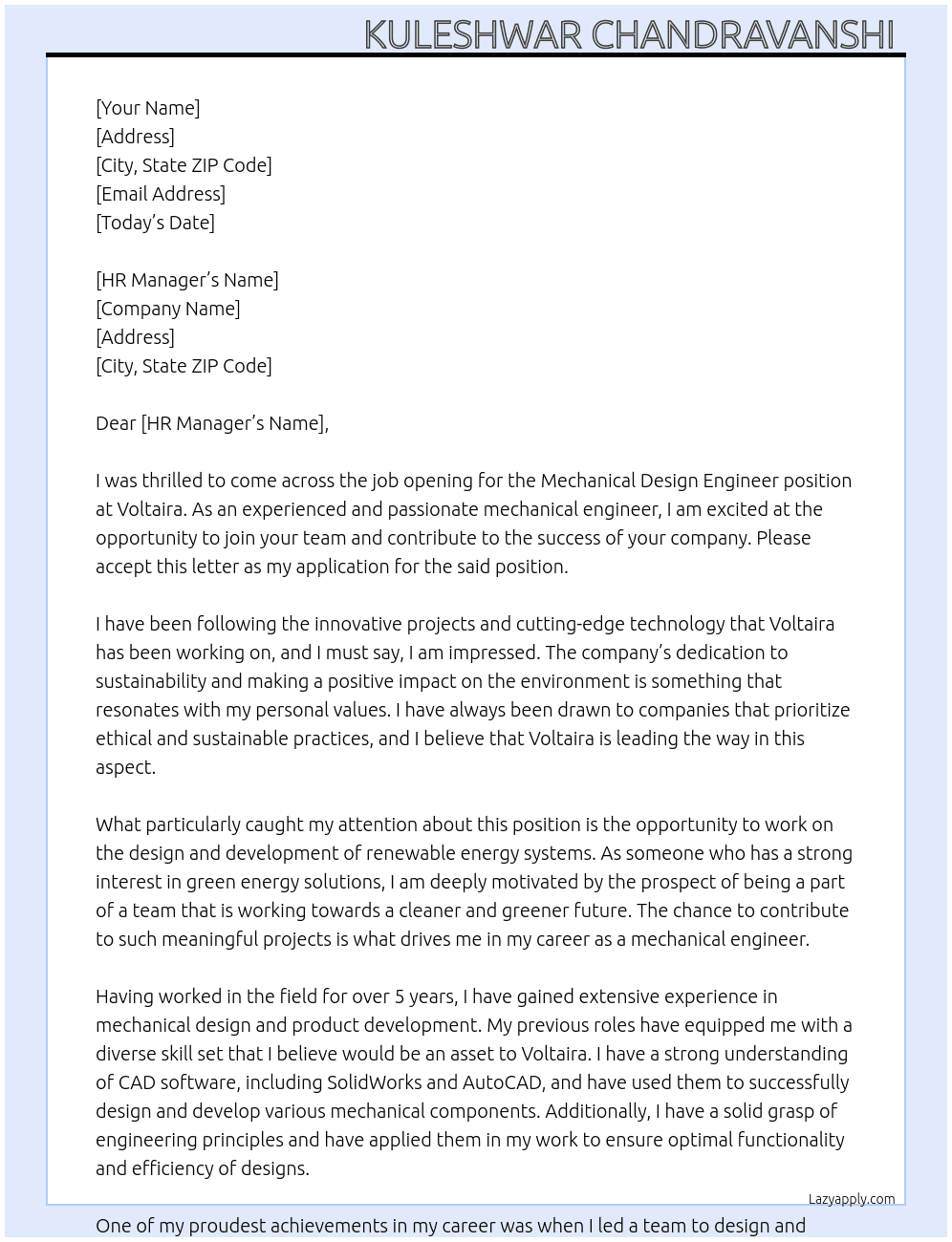 Mechanical design engineer  At Voltaira Cover Letter