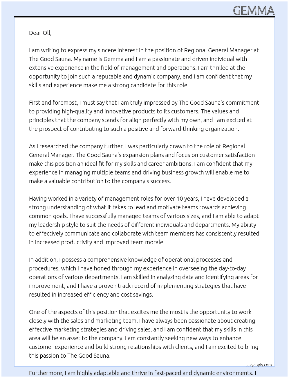 regional general manager  At The Good Sauna Cover Letter