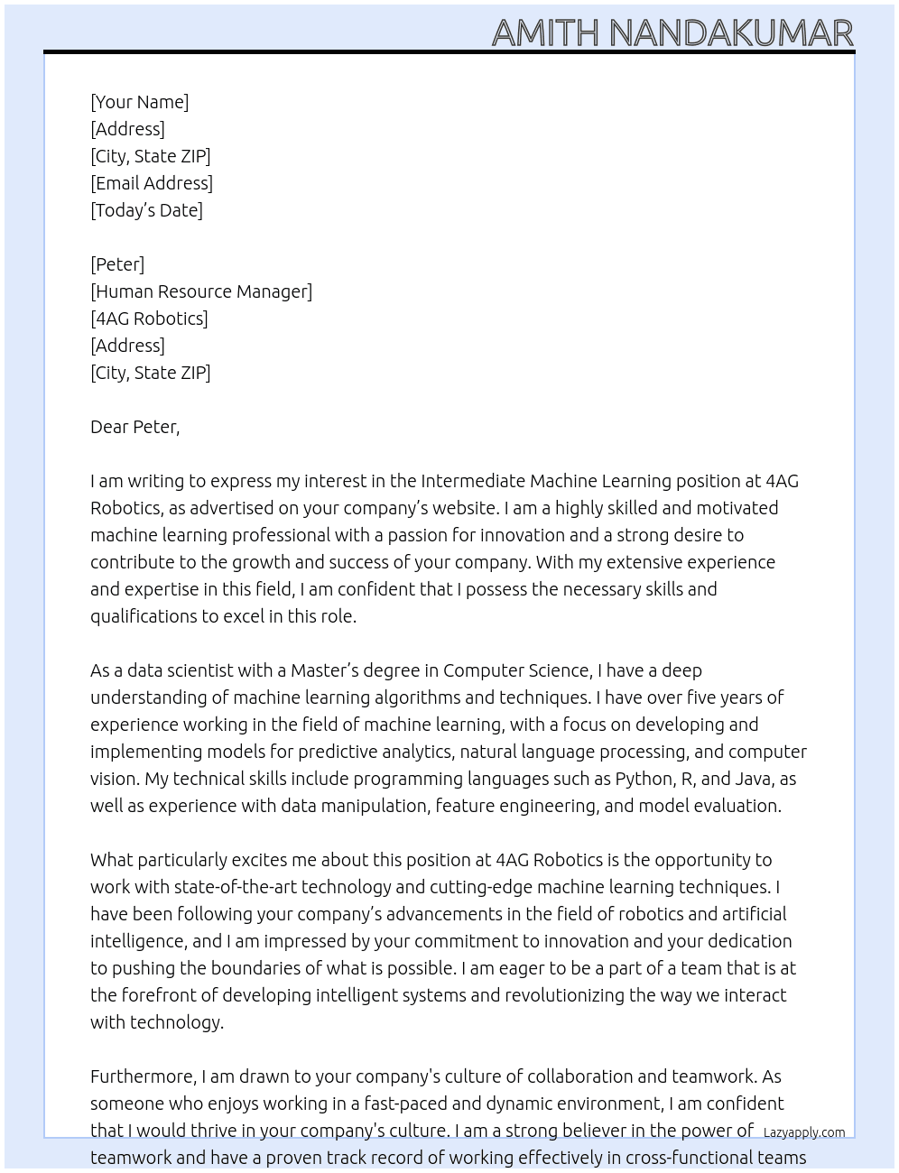 Intermediate Machine Learning At  4AG Robotics Cover Letter