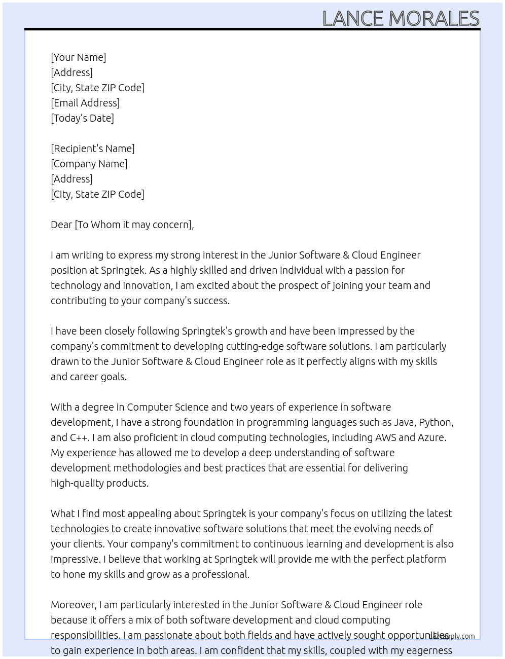 Junior Software & Cloud Engineer At Springtek Cover Letter