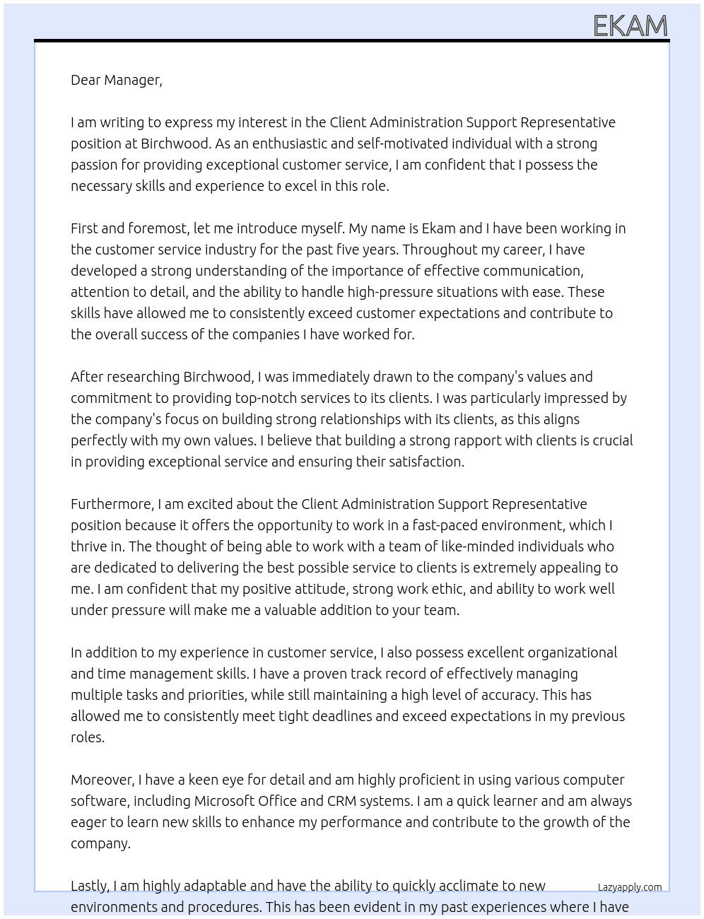 Client Administration Support Representative At Birchwood Cover Letter