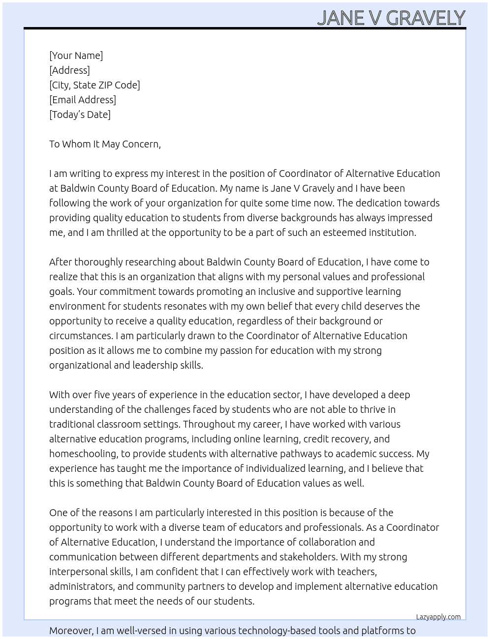 Coordinator of Alternative Education At Baldwin County Board of Education Cover Letter