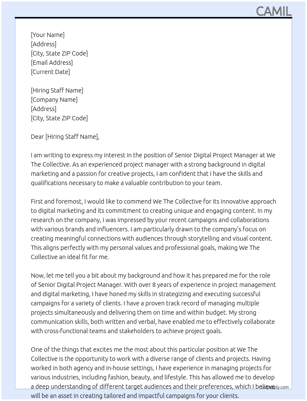 Senior Digital Project Manager At We The Collective Cover Letter