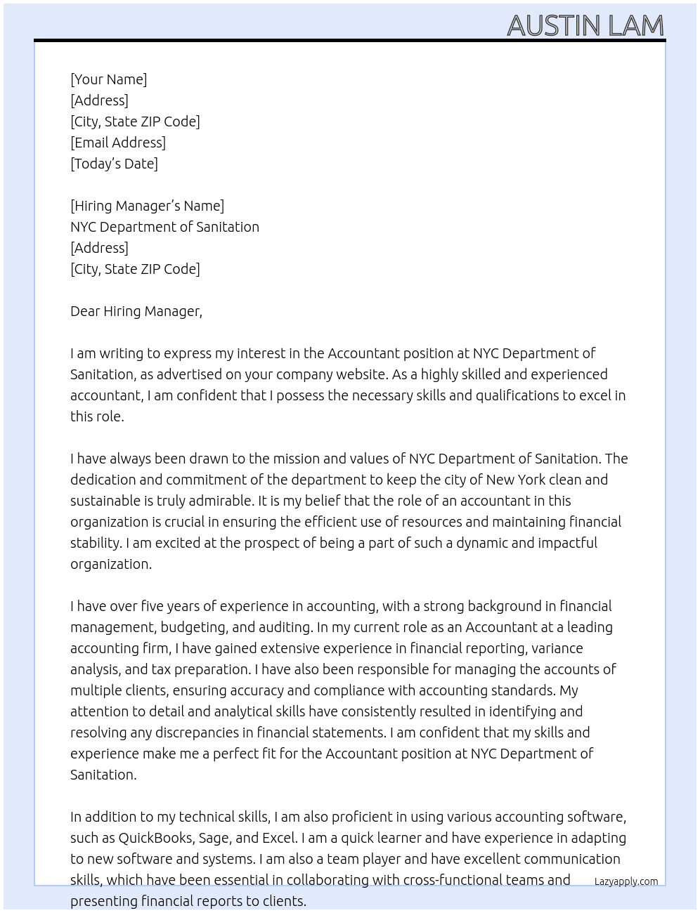 Accountant At NYC Department of SAnitation Cover Letter