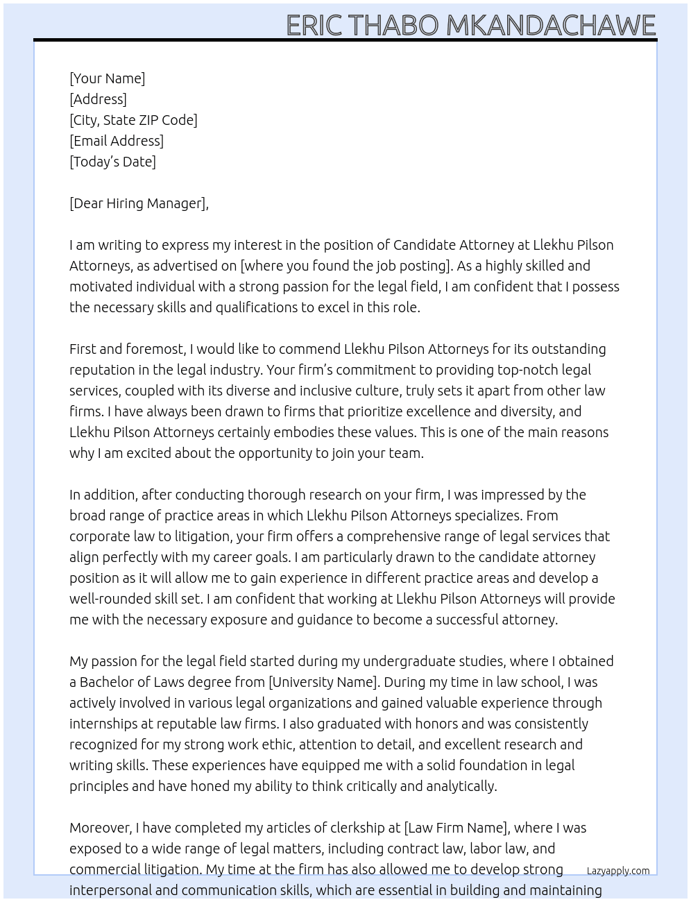 candindate attorney At Llekhu Pilson Attorneys Cover Letter