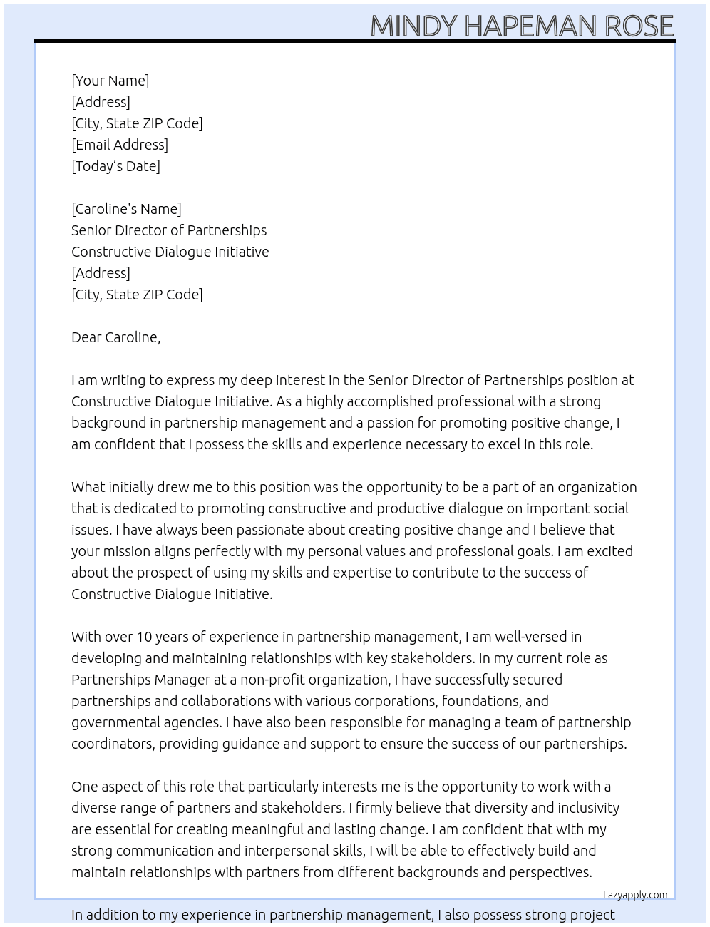 Senior Director of Partnerships At Constuructive Dialogue Initiative Cover Letter
