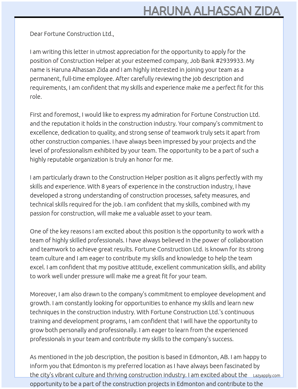 Construction helper At Job Bank #2939933 Cover Letter