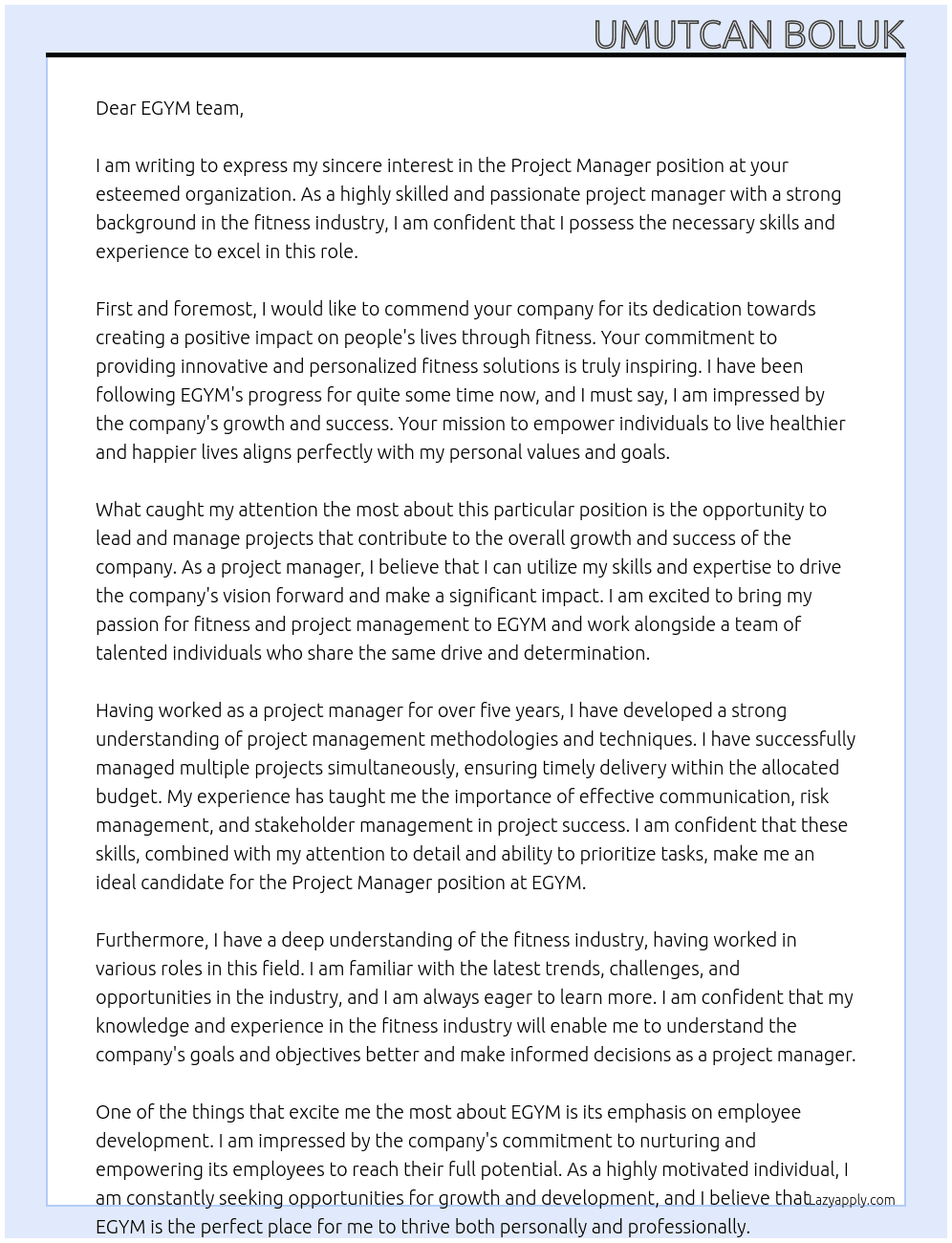 Project Manager At EGYM Cover Letter