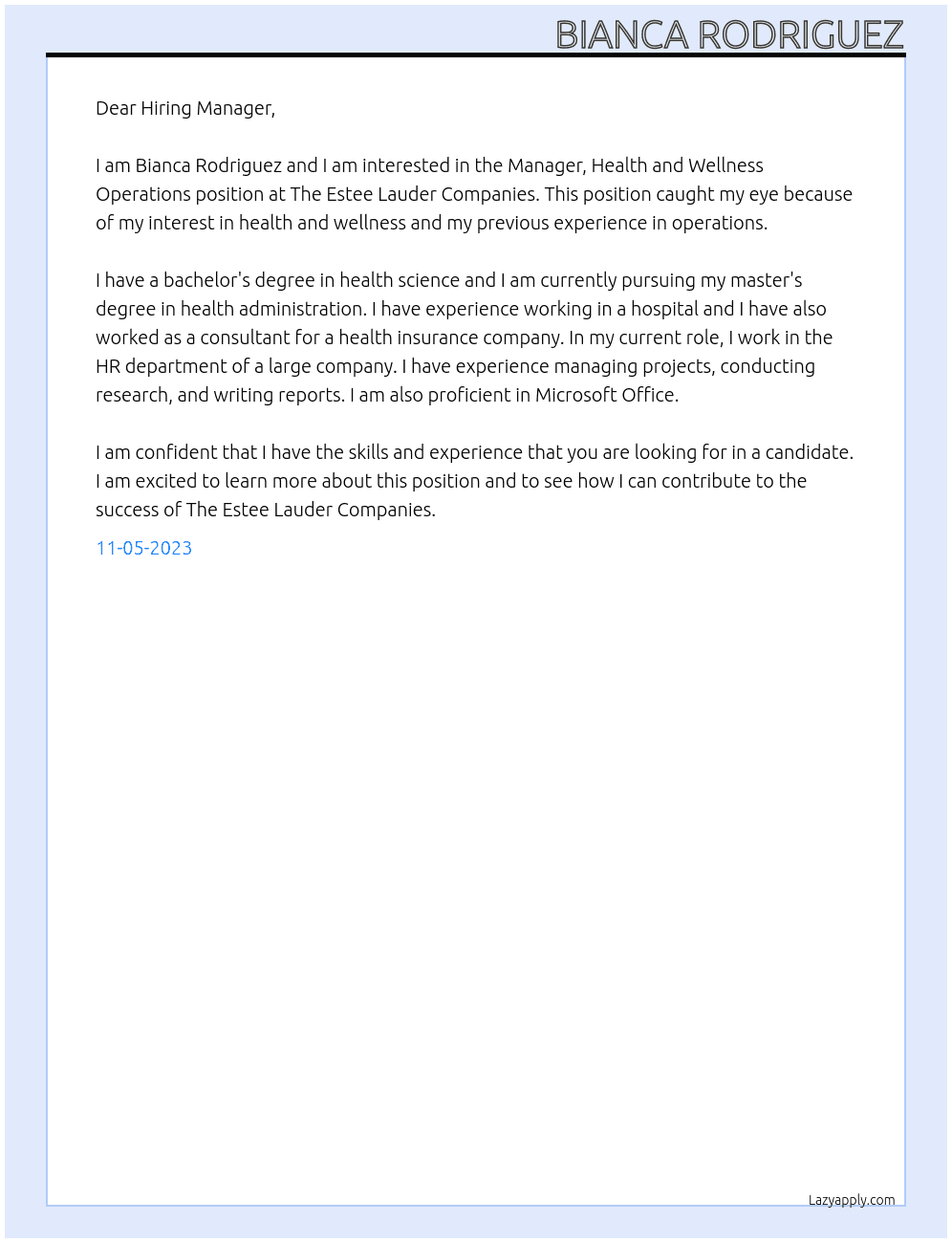 Manager, Health and Wellness Operations At The Estee Lauder Companies Cover Letter