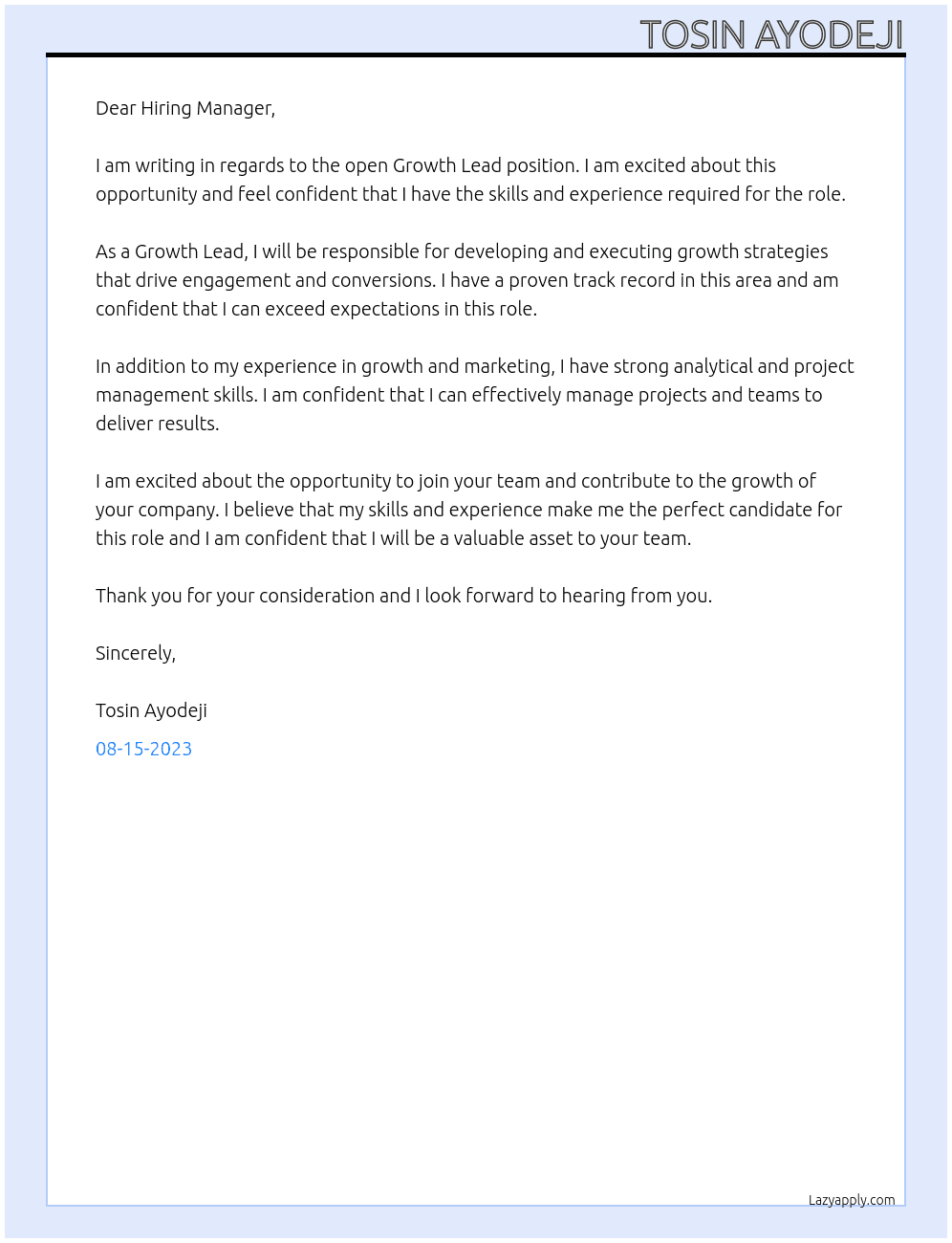 Growth Lead At not known Cover Letter