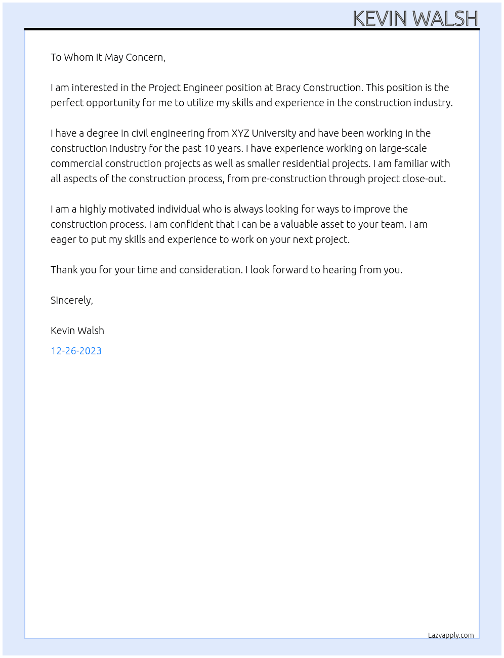 Project Engineer At Bracy Construction Cover Letter