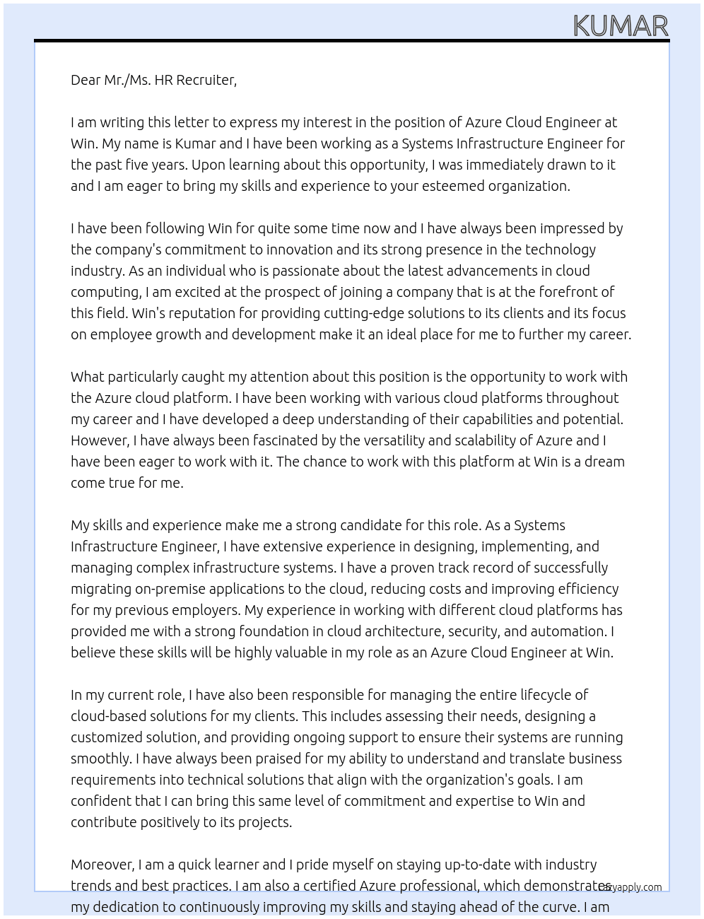 Azure cloud engineer At Win Cover Letter