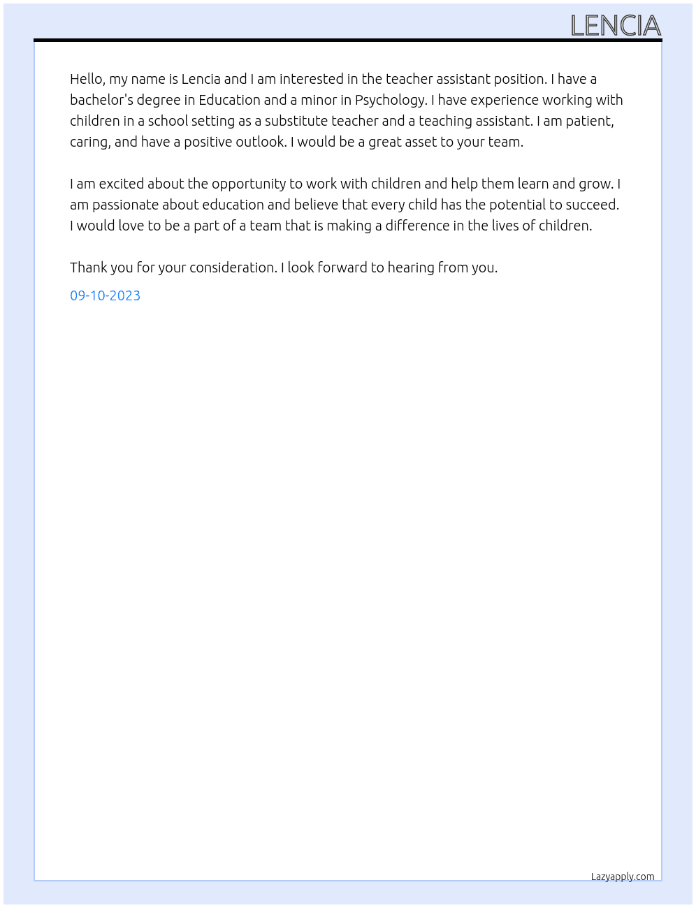 teacher assistant At n/a Cover Letter