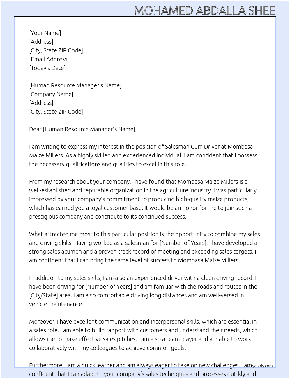 Salesman Cum Driver At Mombasa Maize Millers Cover Letter
