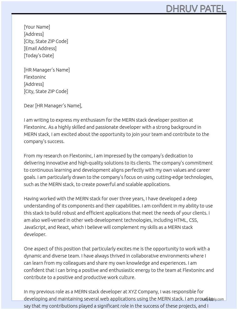 MERN stack developer  At Flextoninc Cover Letter