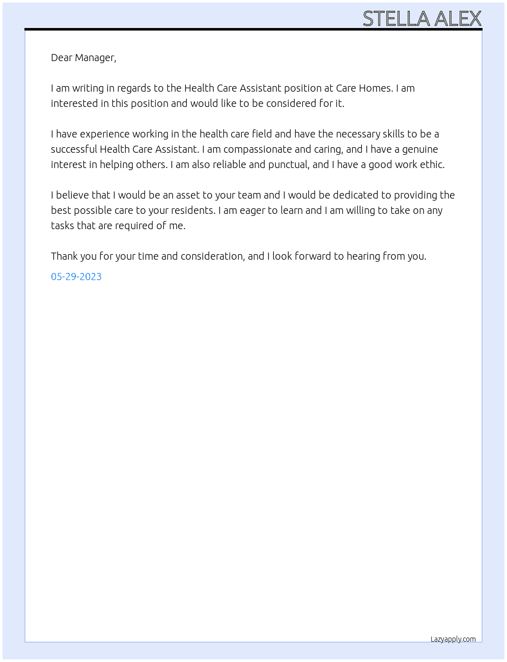 health care assistance At care homes Cover Letter