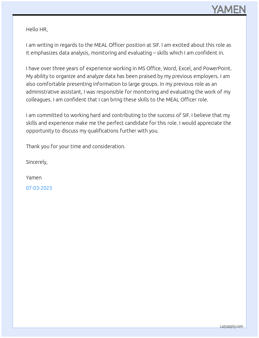 MEAL Officer At SIF Cover Letter