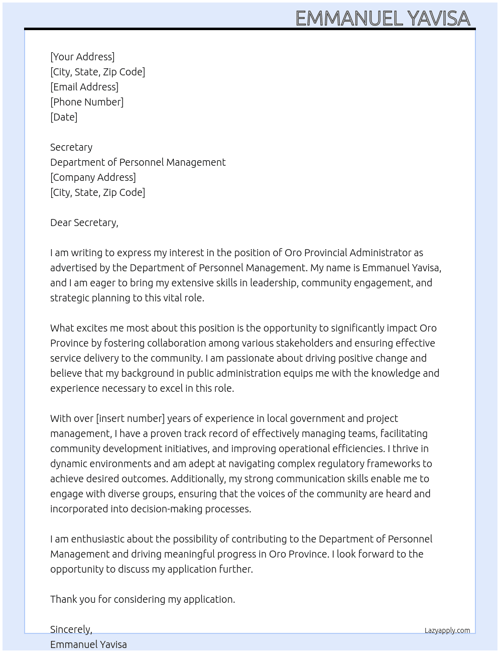 Oro Provincial Administrator  At Department of Personnel Management  Cover Letter