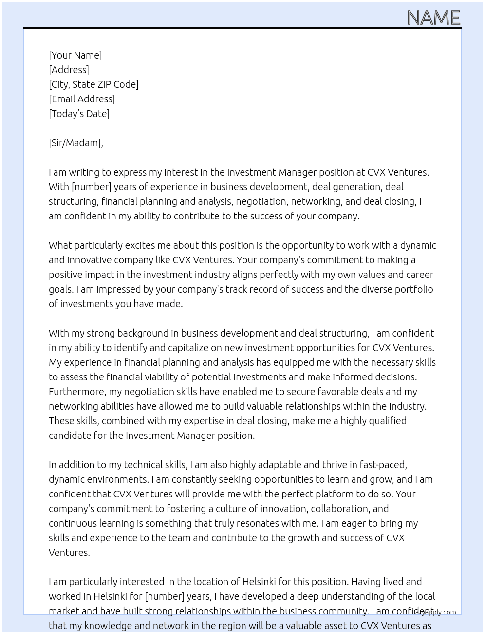 Investment Manager At CVX Ventures Cover Letter