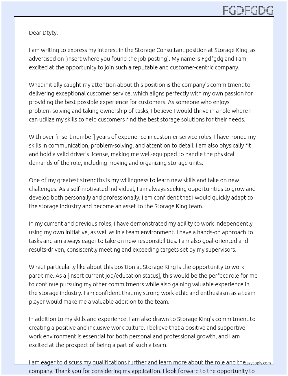Storage Consultant At Storage King Cover Letter