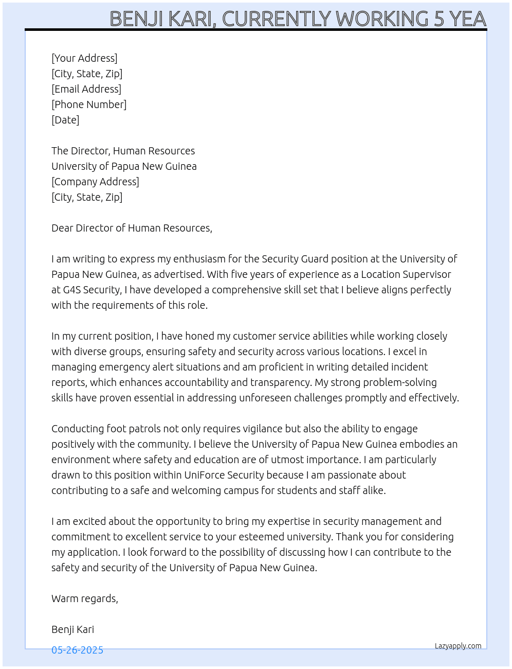 Security Guard  At University of Papua New Guinea  Cover Letter