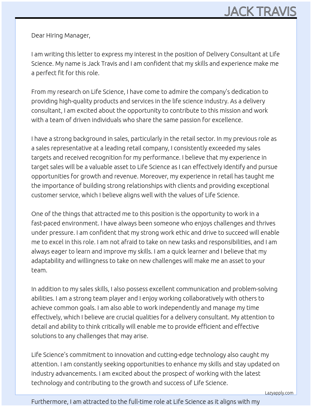 Delivery Consultant  At Life Science Cover Letter