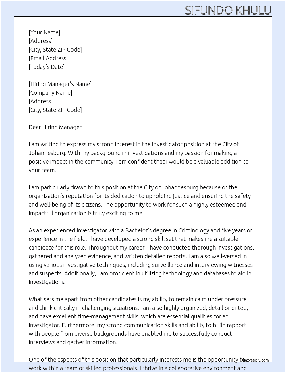 Investigator At City of Johannesburg Cover Letter