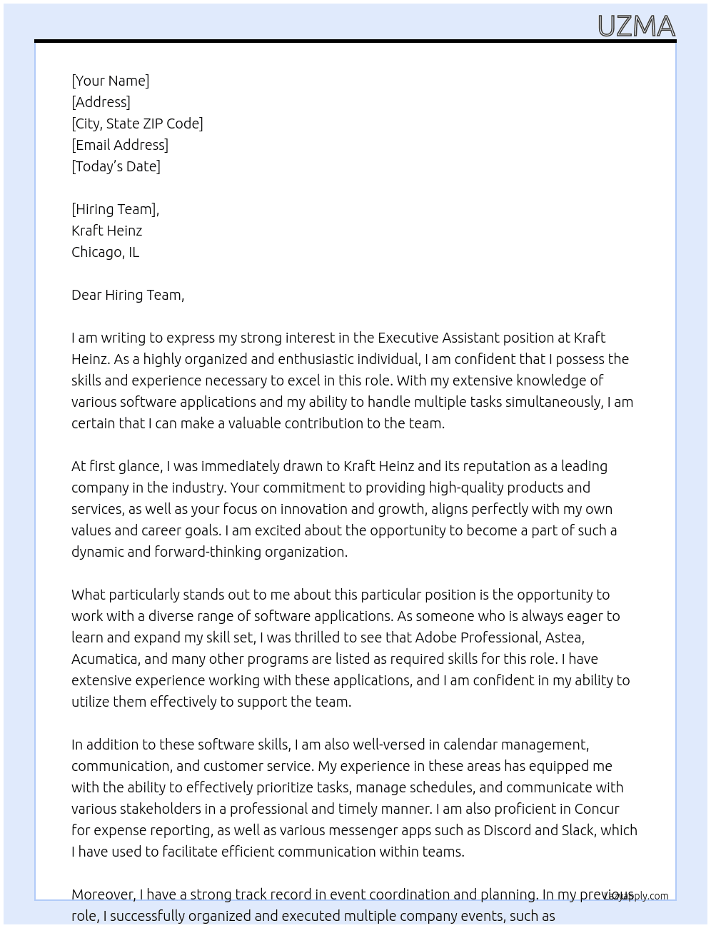 Executive Assistant At Kraft Heinz Cover Letter