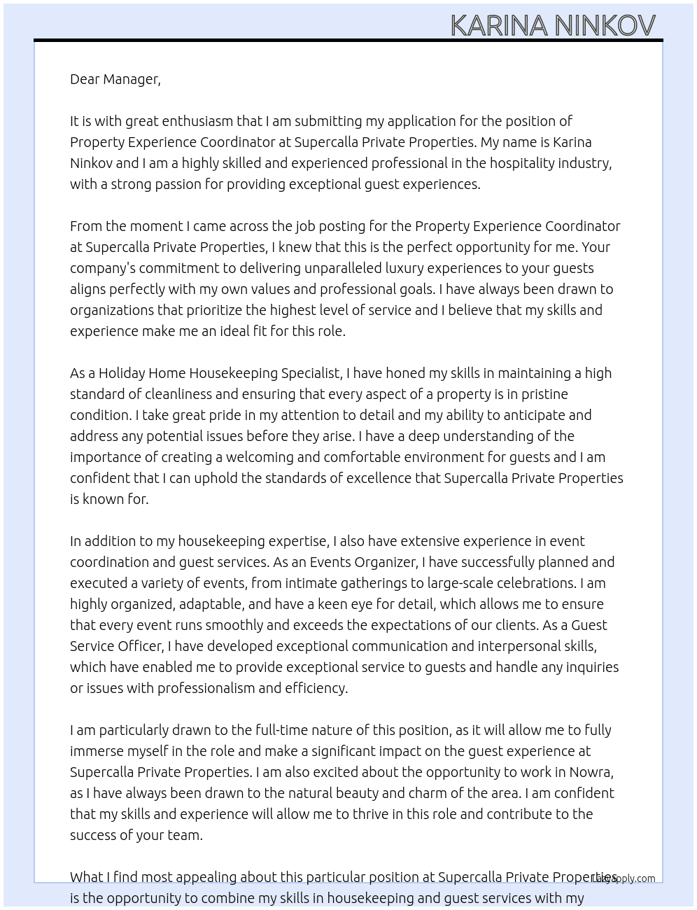 Property experience coordinator  At Supercalla private properties Cover Letter
