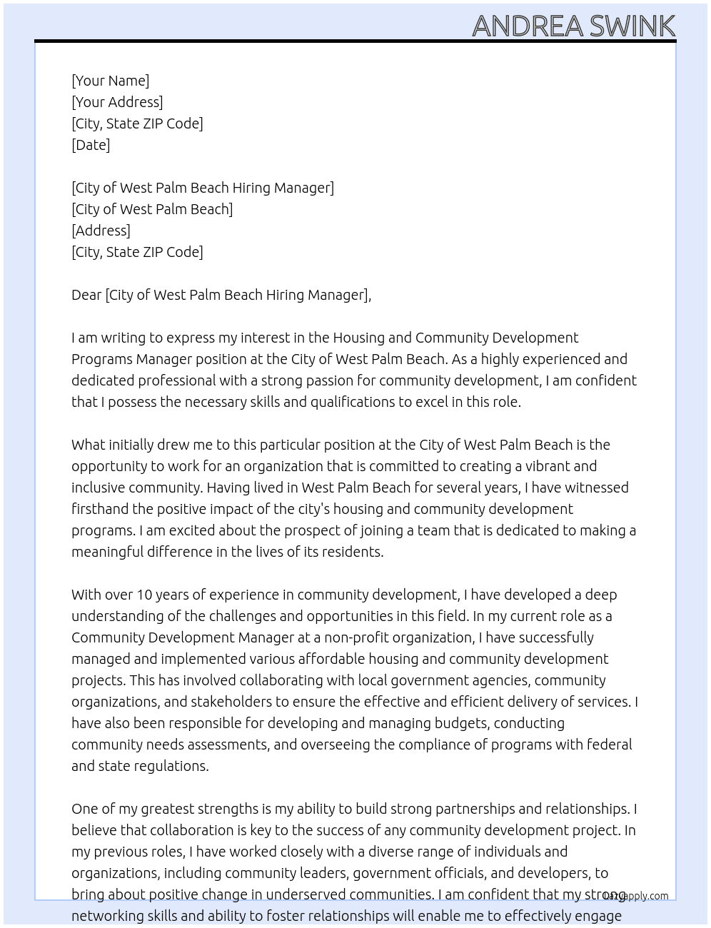 Housing and Community Development Programs Manager At City of West Palm Beach Cover Letter