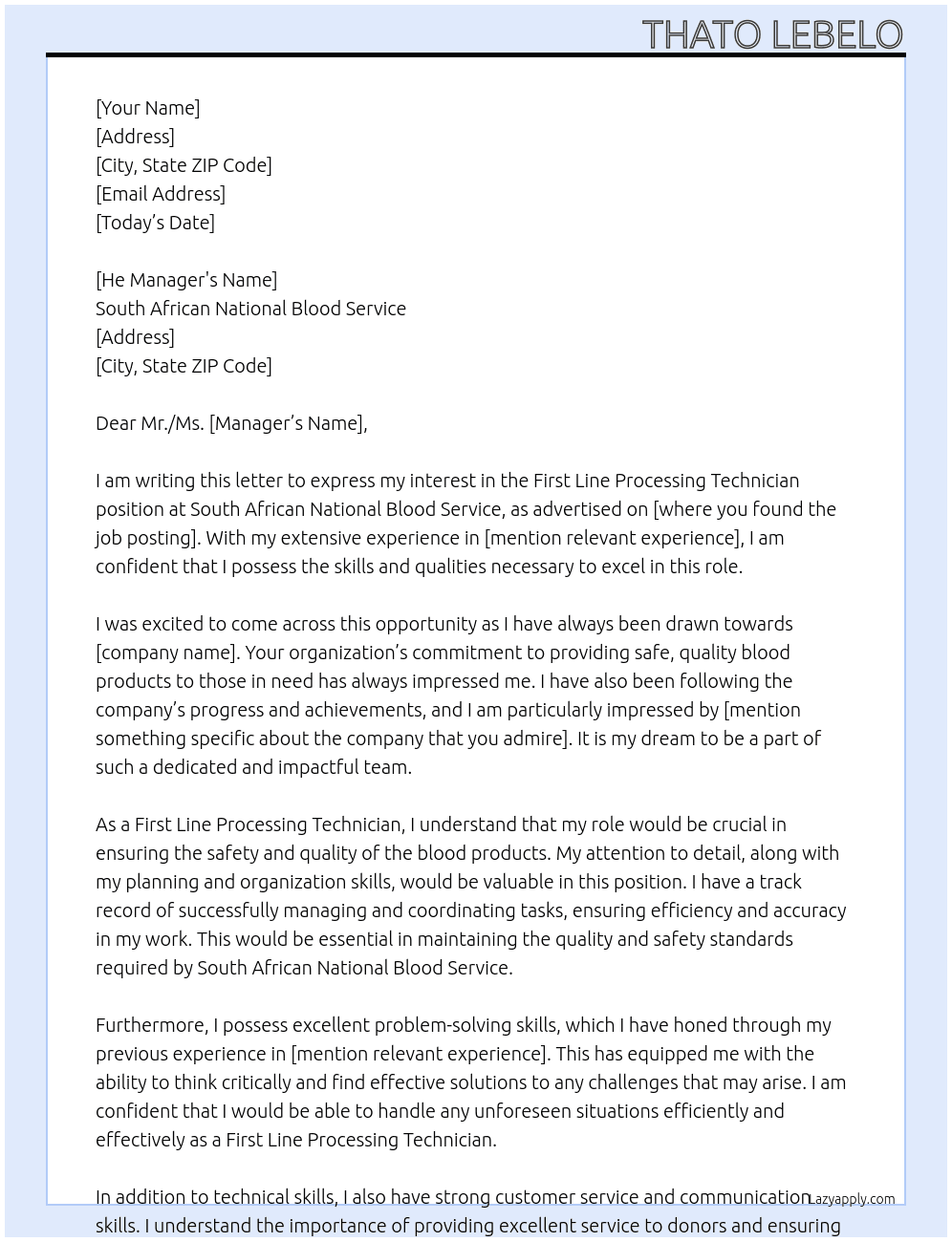 First Line Processing Technician At South African National Blood Service Cover Letter