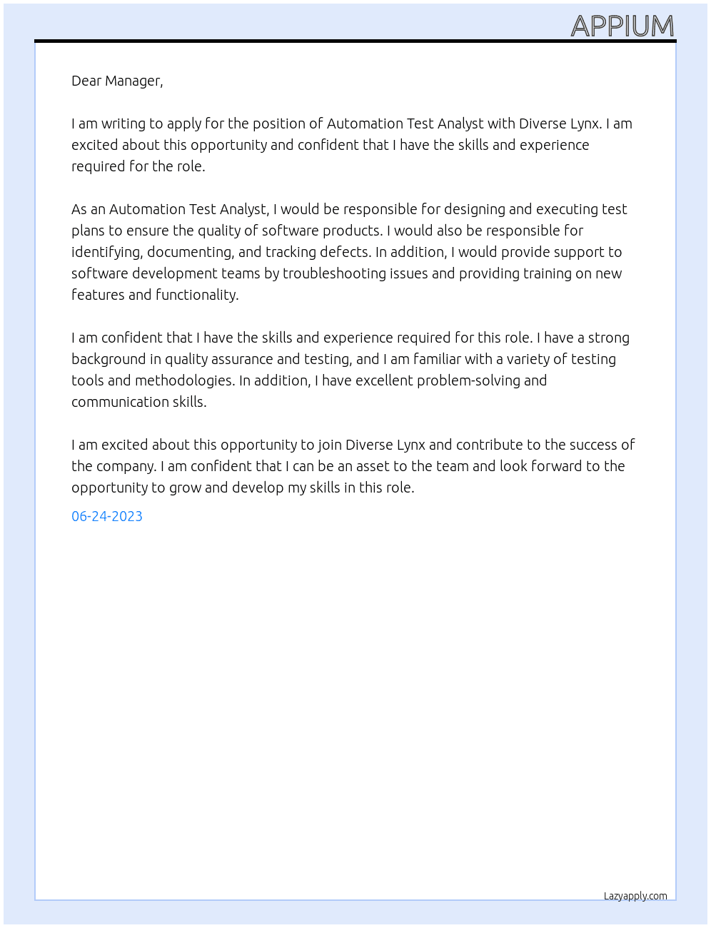 Automation Test Analyst At Diverse Lynx Cover Letter