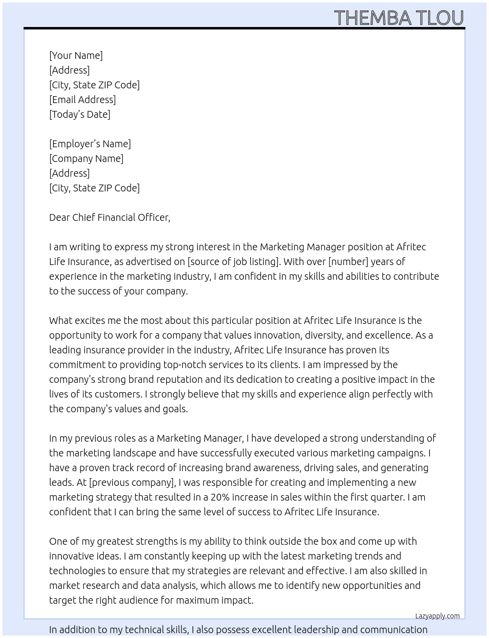 Marketing Manager At Afritec Life Insurance Cover Letter