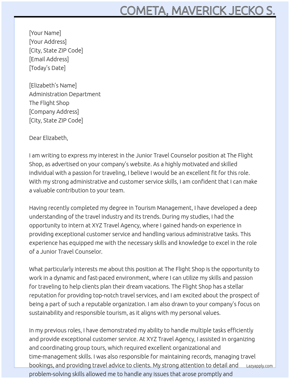 Junior Travel Councelor At The Flight Shop Cover Letter