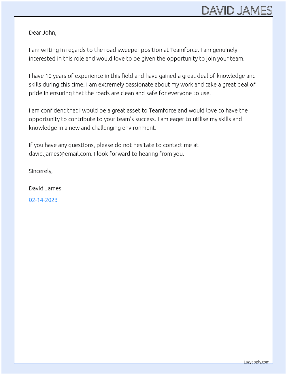 Cover letter for road sweeper - LazyApply