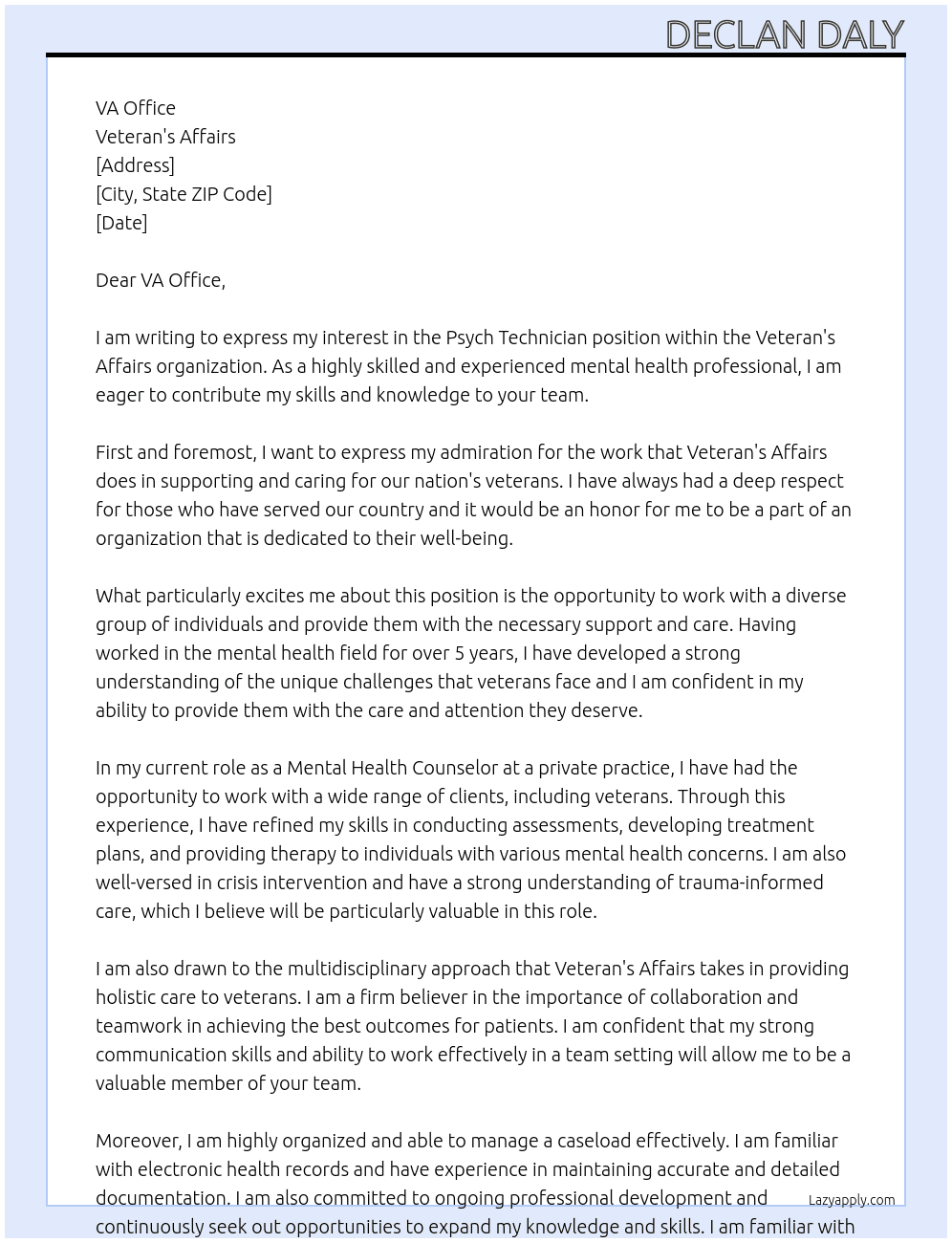 Psych Technician At Veteran's Affairs Cover Letter